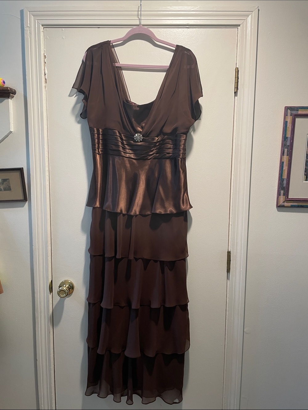 Patra Brown Tiered V-Neck Midi Dress with Decorative Brooch